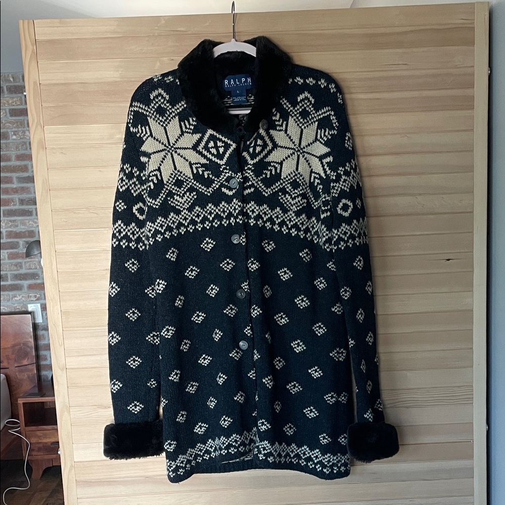 Ralph Lauren Black and Cream Cardigan Wool Sweater